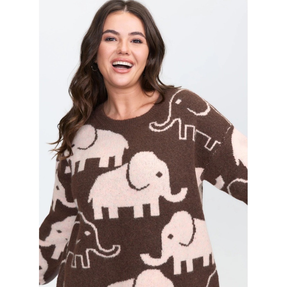 Bloomchic Elephant Pattern Jacquard Pullover Coffee Brown Pink Sweater 3X 22-24